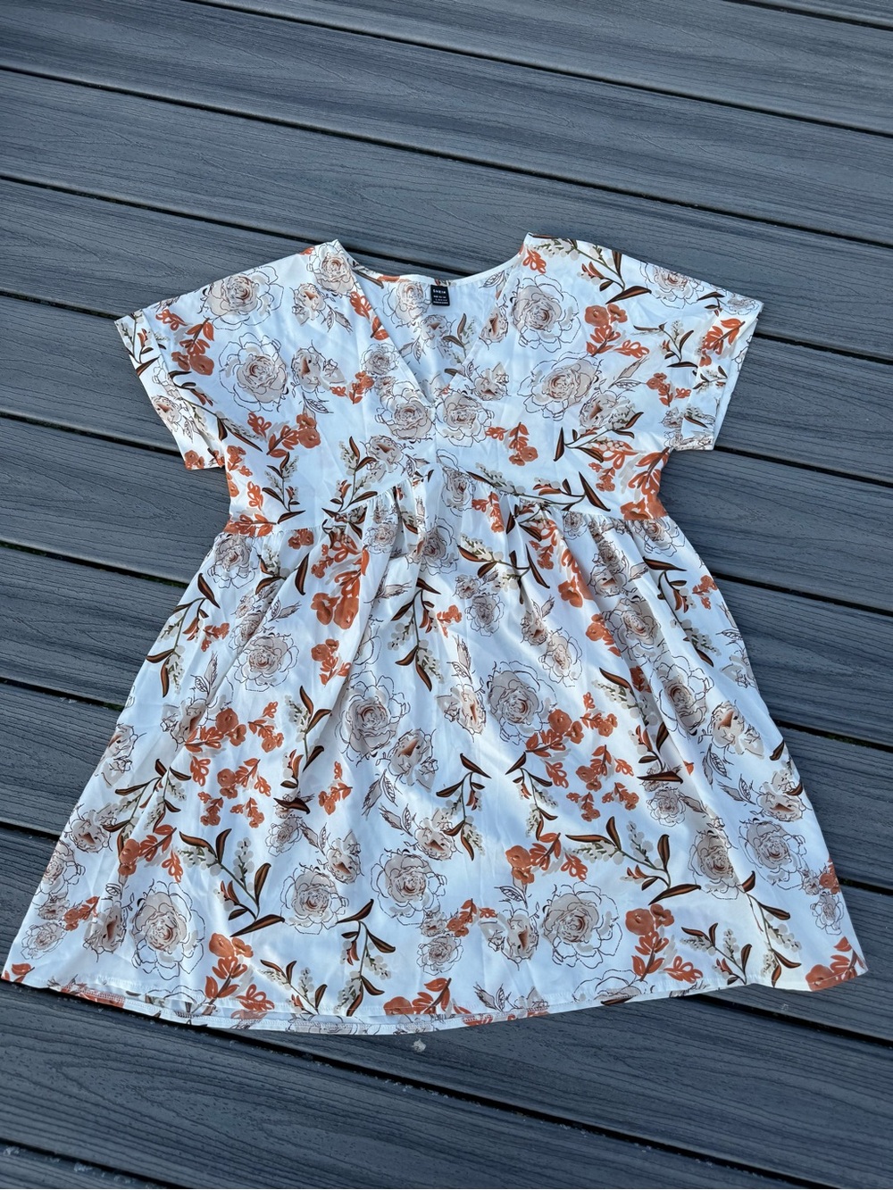 Women’s White Floral V-Neck Dress with Rust Floral Print